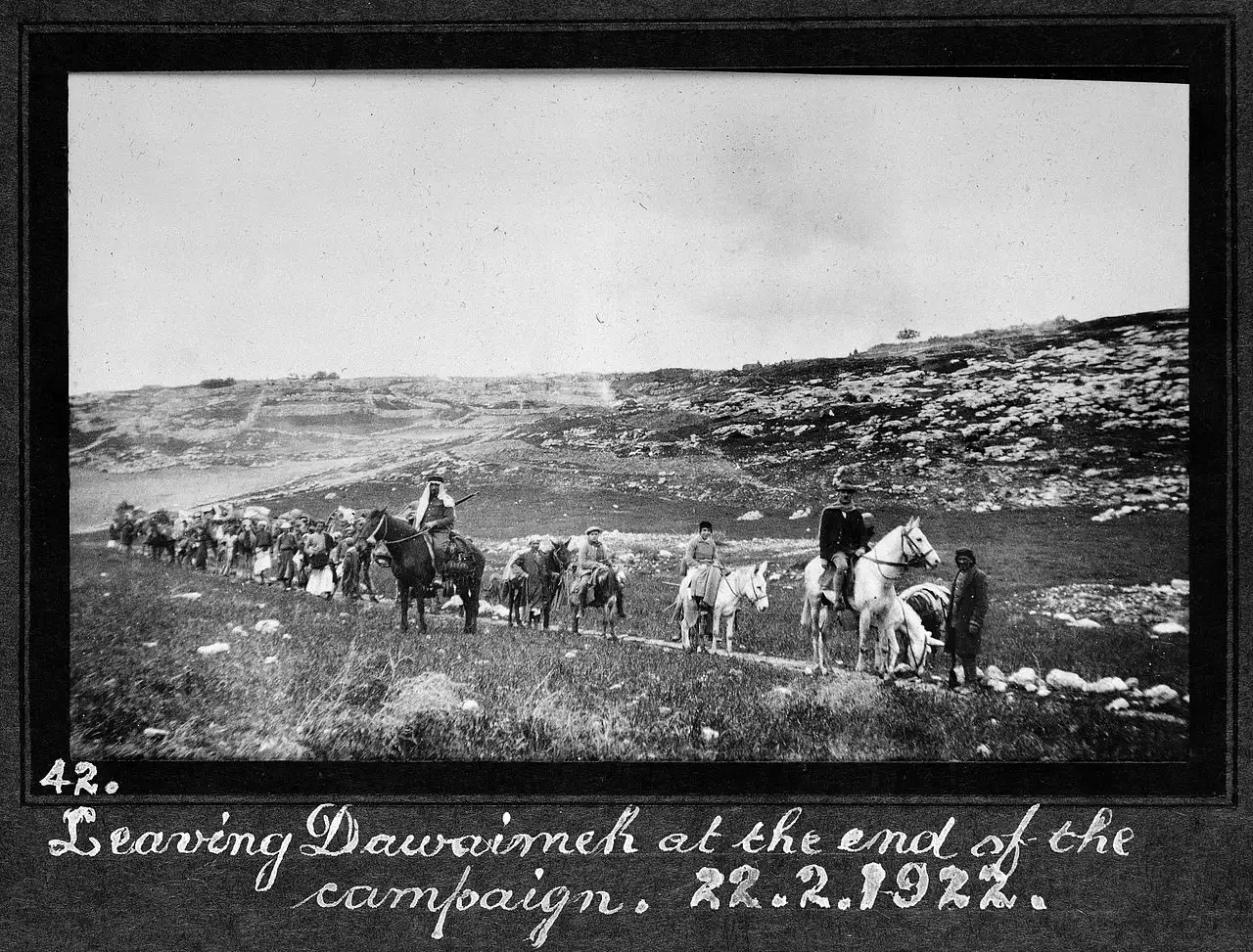A smallpox vaccination team leaving Dawaimeh, Palestine, on February 22, 1922, at the end of a vaccination campaign.