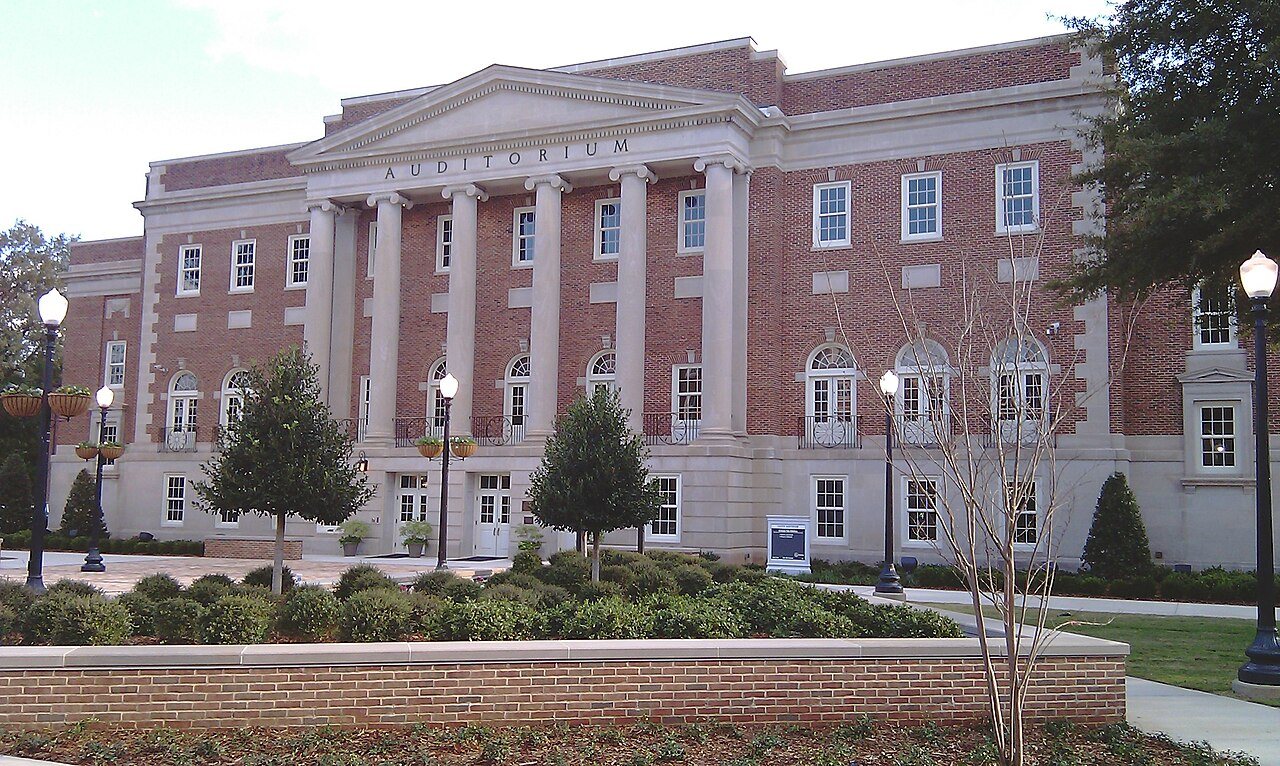 Foster Auditorium at the University of Alabama in Tuscaloosa — a later photograph of the building where Governor George Wallace stood in the doorway on June 11, 1963.
