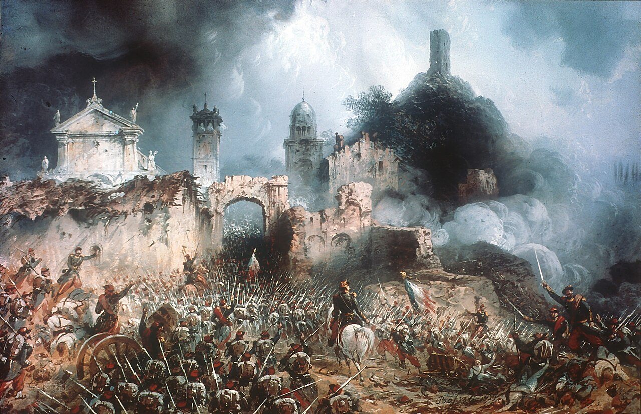 Carlo Bossoli's painting of the 1859 Battle of Solferino — the slaughter Henry Dunant witnessed there moved him to campaign for the treaty that became the Geneva Convention.