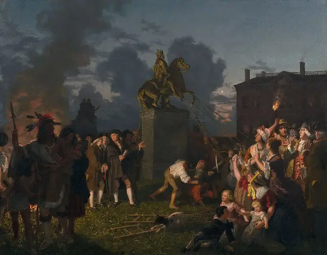 1859 painting of the crowd pulling down the statue of King George III at Bowling Green, New York, on the night of July 9, 1776