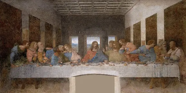 Leonardo da Vinci's The Last Supper (restored): Jesus and the twelve apostles seated at a long table beneath a coffered ceiling