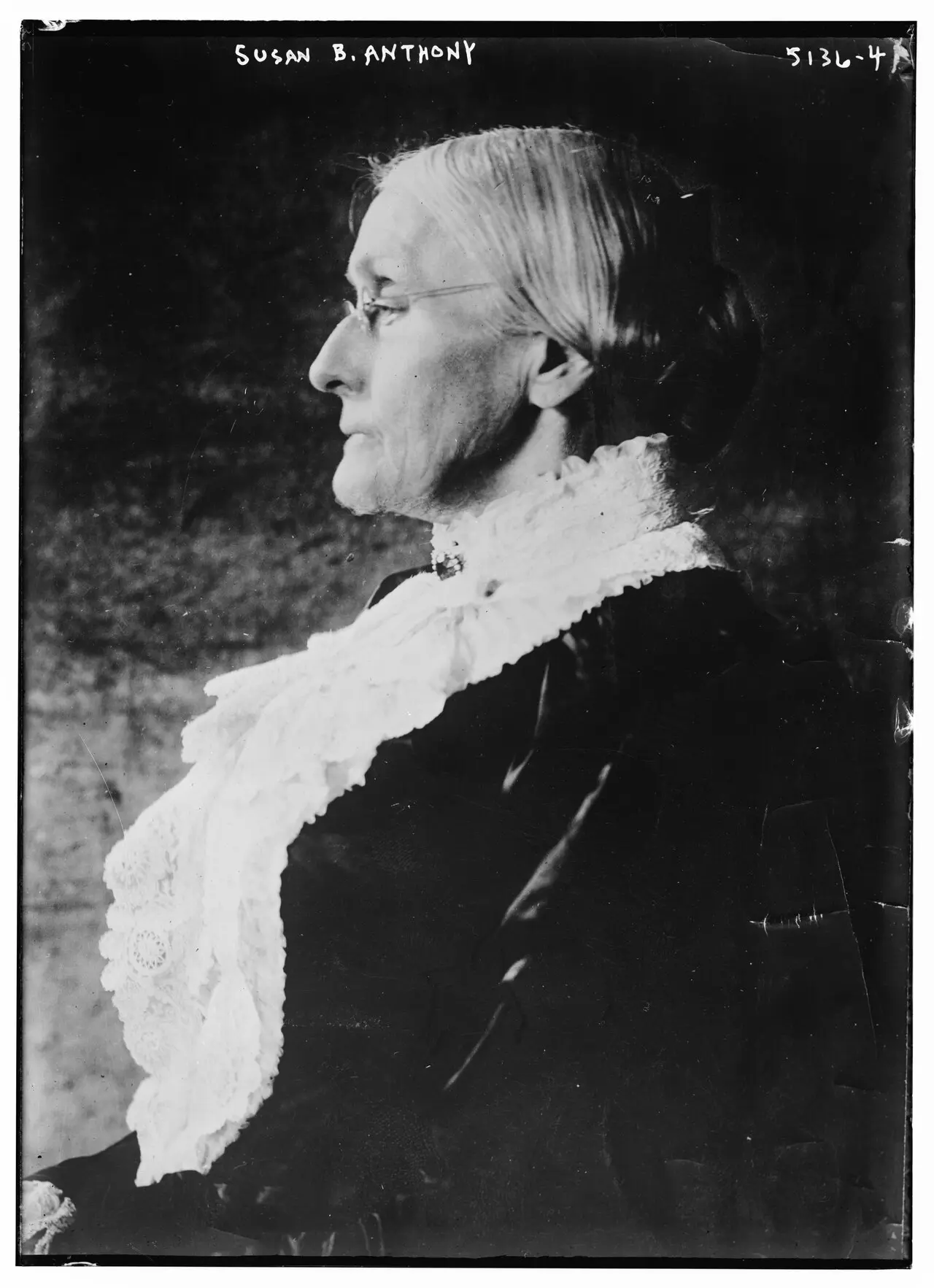 Profile portrait of Susan B. Anthony, photographed later in life; she was 52 when she cast her illegal ballot in 1872.
