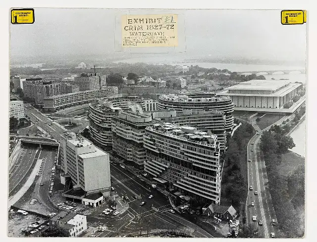 Aerial view of the Watergate complex in Washington, D.C., used as a U.S. government court exhibit in the Watergate trial