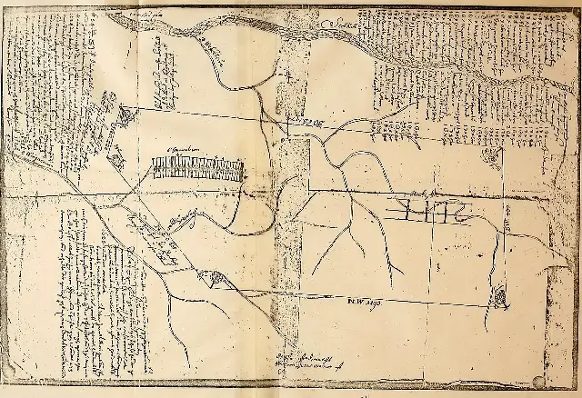 Hand-drawn 17th-century survey map showing the original lot divisions of Germantown, Pennsylvania