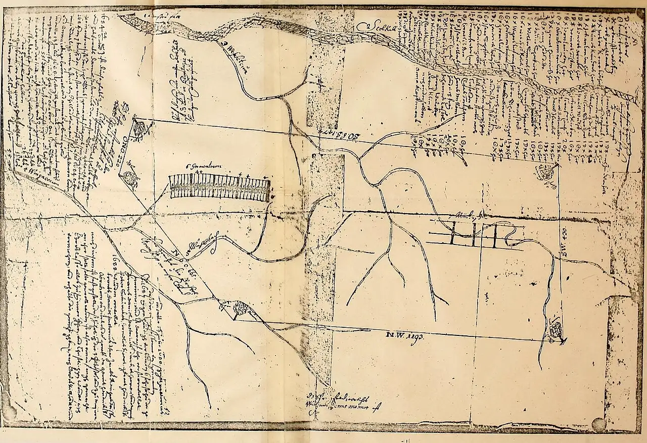 Hand-drawn 17th-century survey map showing the original lot divisions of Germantown, Pennsylvania