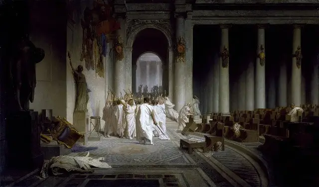Jean-Léon Gérôme's 1867 painting 'The Death of Caesar,' showing the Roman senators leaving the Curia of Pompey after the assassination.