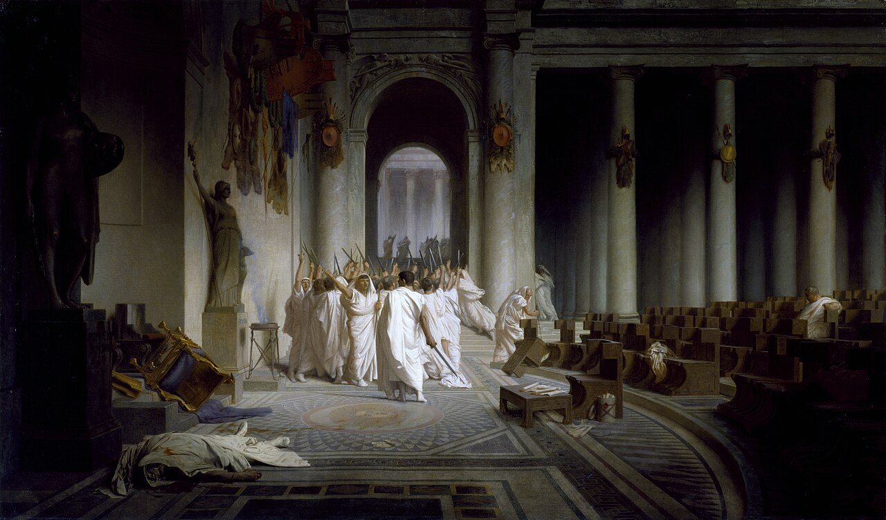 Jean-Léon Gérôme's 1867 painting 'The Death of Caesar,' showing the Roman senators leaving the Curia of Pompey after the assassination.