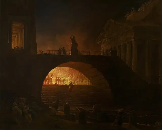 Hubert Robert's 1785 painting The Fire of Rome, showing flames consuming classical buildings at night while figures flee