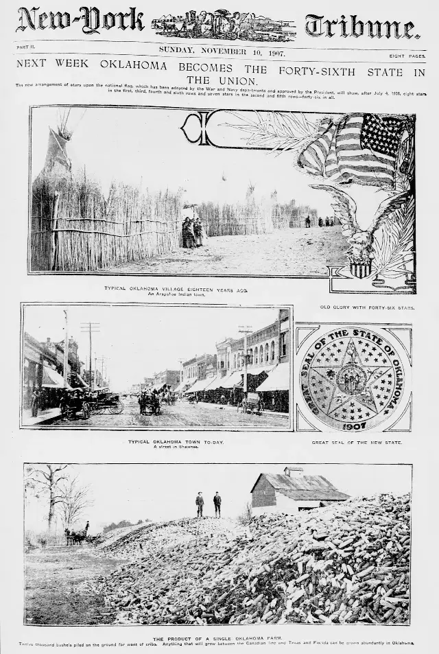 A New-York Tribune page dated November 10, 1907, headlined 'Next week Oklahoma becomes the forty-sixth state in the Union,' with illustrations of the new state's flag design and great seal.