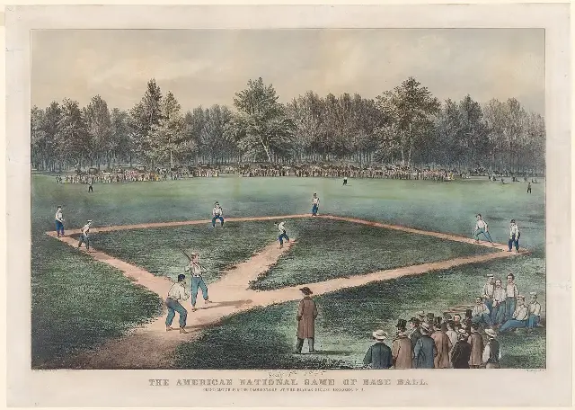 1866 Currier & Ives hand-colored lithograph of a championship baseball game at the Elysian Fields in Hoboken, New Jersey
