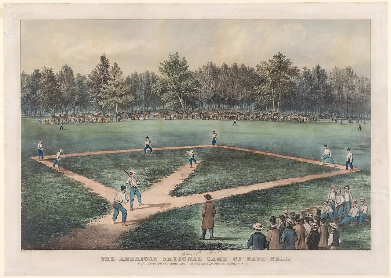 1866 Currier & Ives hand-colored lithograph of a championship baseball game at the Elysian Fields in Hoboken, New Jersey