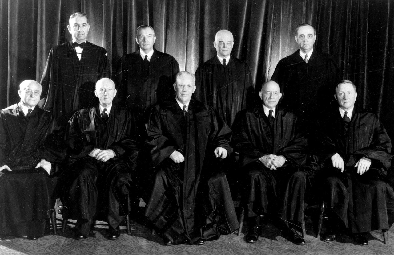 The nine justices of the Warren Court, photographed in 1953-54, the court that decided Brown v. Board of Education unanimously.