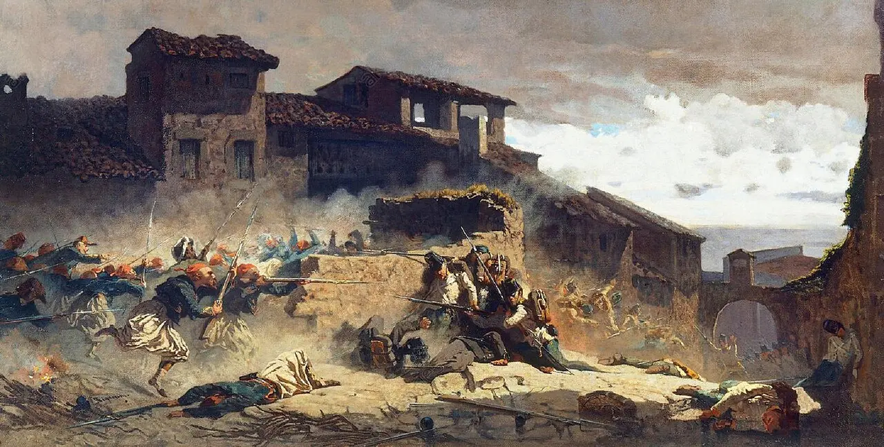 Telemaco Signorini's painting of the Battle of Solferino, 1859, showing soldiers fighting and wounded men among ruined buildings.