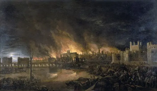 A 17th-century painting of London burning during the Great Fire of 1666, with flames engulfing the city and boats crowded on the Thames.
