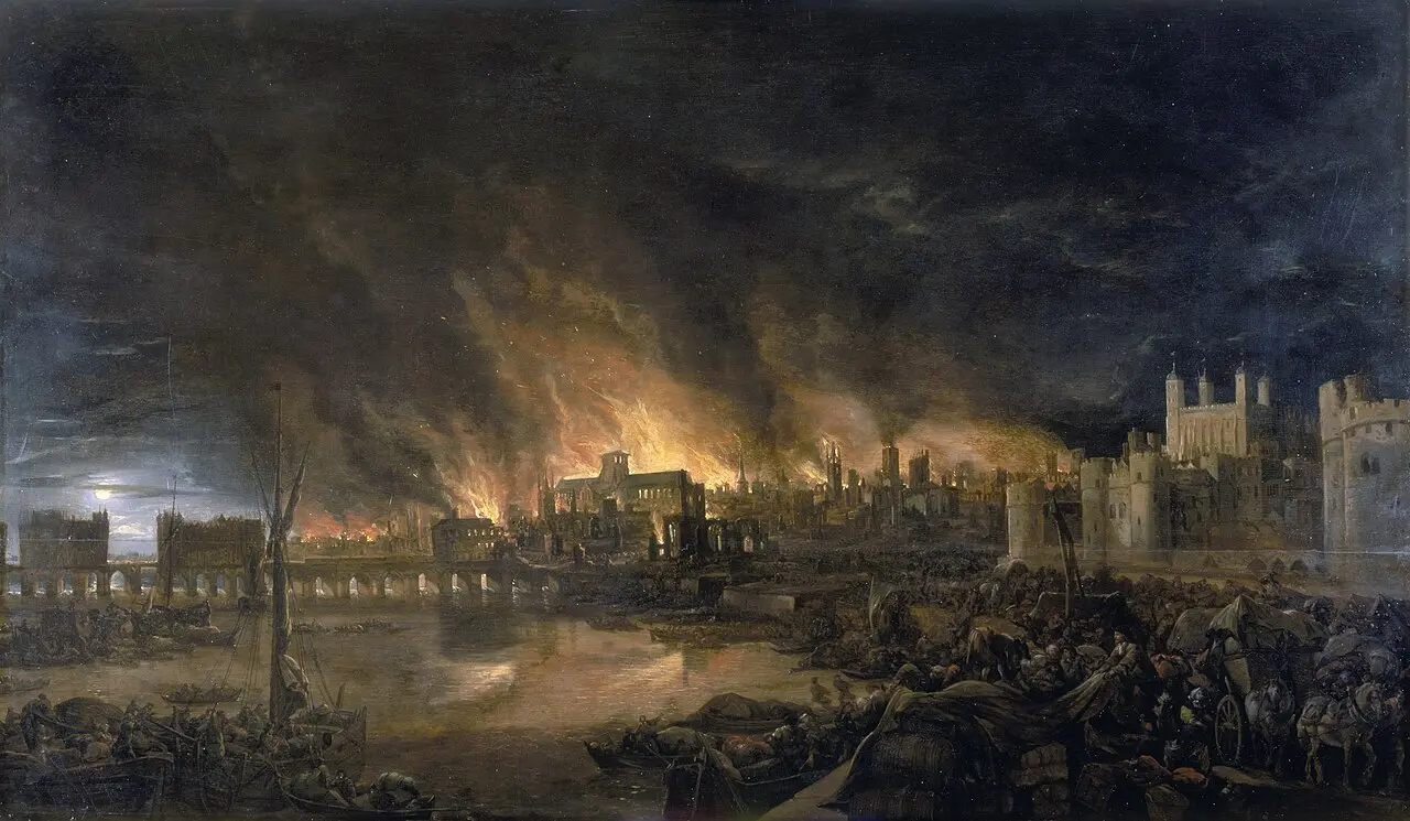 A 17th-century painting of London burning during the Great Fire of 1666, with flames engulfing the city and boats crowded on the Thames.