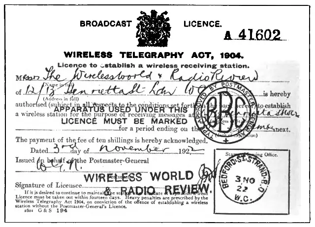 A 1922 British Post Office licence to operate a wireless receiving station, stamped with BBC marks and issued for a fee of ten shillings.