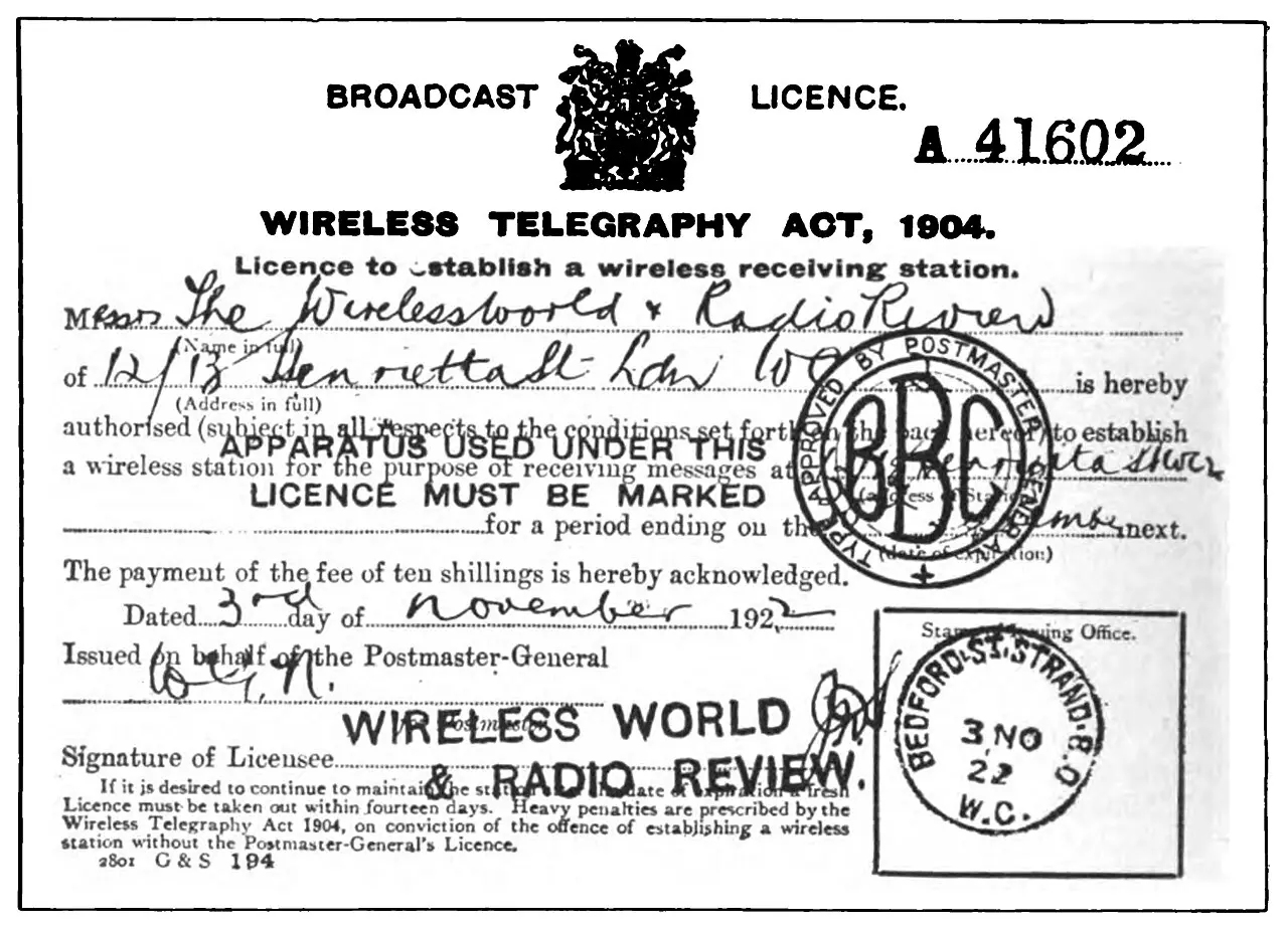A 1922 British Post Office licence to operate a wireless receiving station, stamped with BBC marks and issued for a fee of ten shillings.
