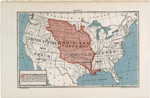 Illustrative: a later U.S. National Archives map showing the extent of the Louisiana Purchase territory ceded by France in 1803 — not drawn at the time of the treaty.