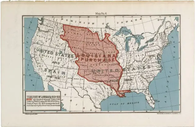 Illustrative: a later U.S. National Archives map showing the extent of the Louisiana Purchase territory ceded by France in 1803 — not drawn at the time of the treaty.