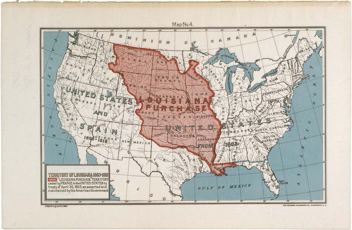 Illustrative: a later U.S. National Archives map showing the extent of the Louisiana Purchase territory ceded by France in 1803 — not drawn at the time of the treaty.