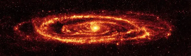 An infrared mosaic image of the Andromeda Galaxy, the 'spiral nebula' whose distance Edwin Hubble measured in 1923.