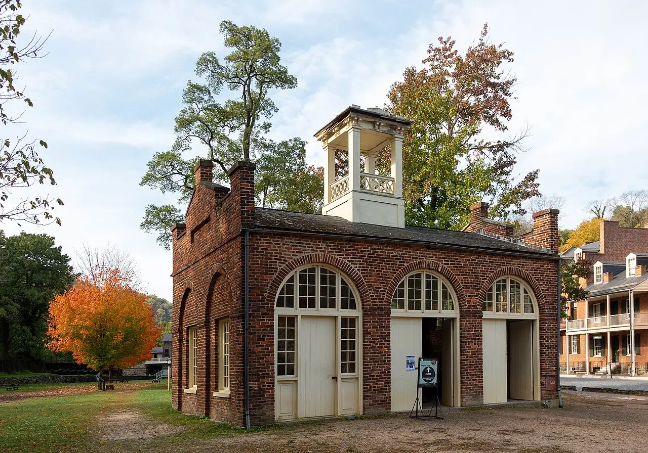 The small brick fire engine house at Harpers Ferry, West Virginia — known as John Brown's Fort — where Brown and his men made their last stand in October 1859.