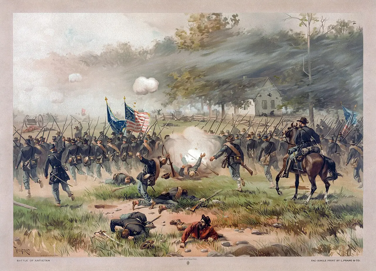 Thure de Thulstrup's 1887 chromolithograph of the charge of the Iron Brigade near the Dunker Church at the Battle of Antietam