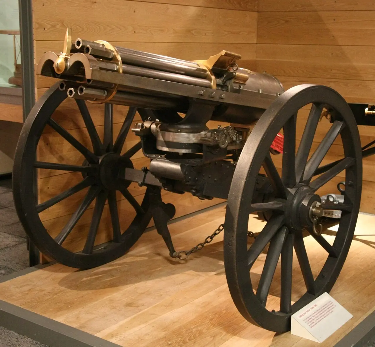 Illustrative: an 1865 Gatling gun on display at a military museum; the original revolving battery gun was patented on November 4, 1862.