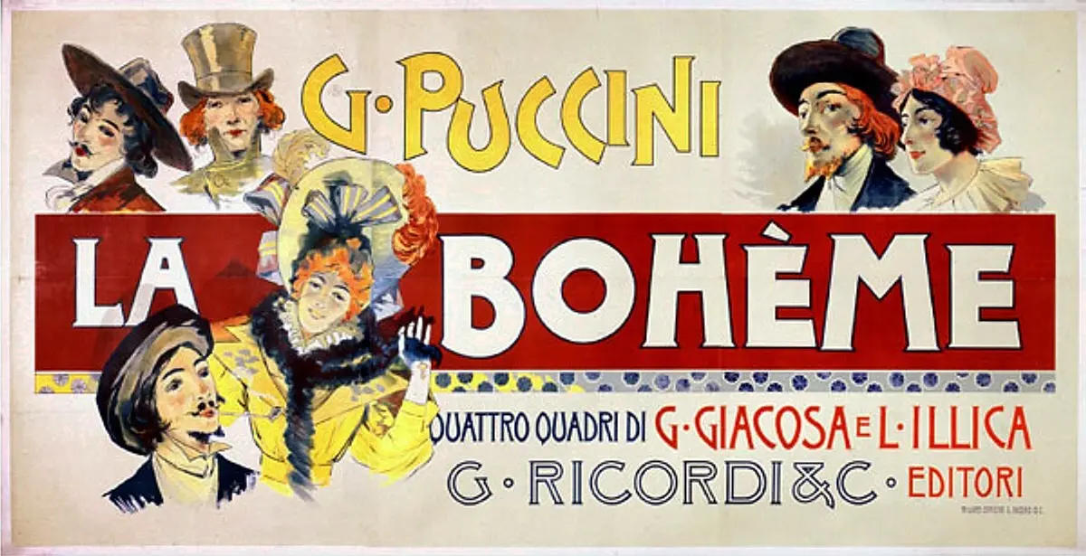 Adolfo Hohenstein's original 1895 Art Nouveau poster for Puccini's La Bohème.