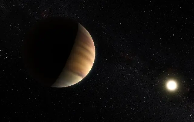 Artist's impression of the exoplanet 51 Pegasi b, a glowing gas giant looming near its bright host star