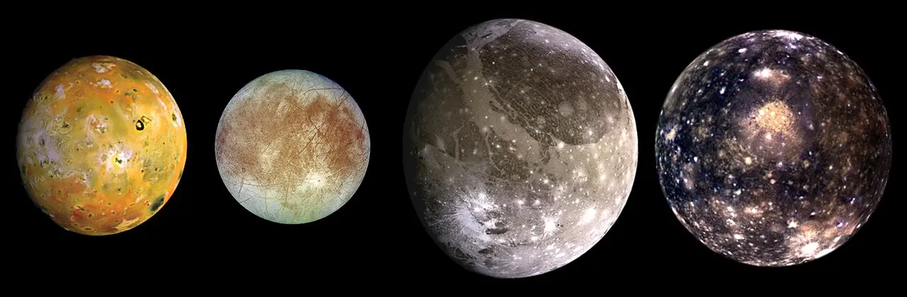 Composite image of Jupiter with its four large Galilean moons lined up beside it: Io, Europa, Ganymede, and Callisto.