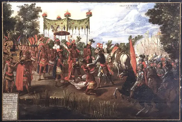 A 17th-century painting depicting the meeting of Hernán Cortés and Moctezuma II on the causeway into Tenochtitlan, November 8, 1519.