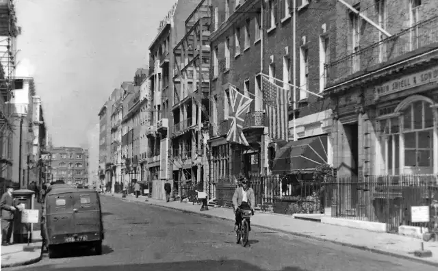 A street view of Savile Row in London, the street where the Beatles gave their 1969 rooftop concert
