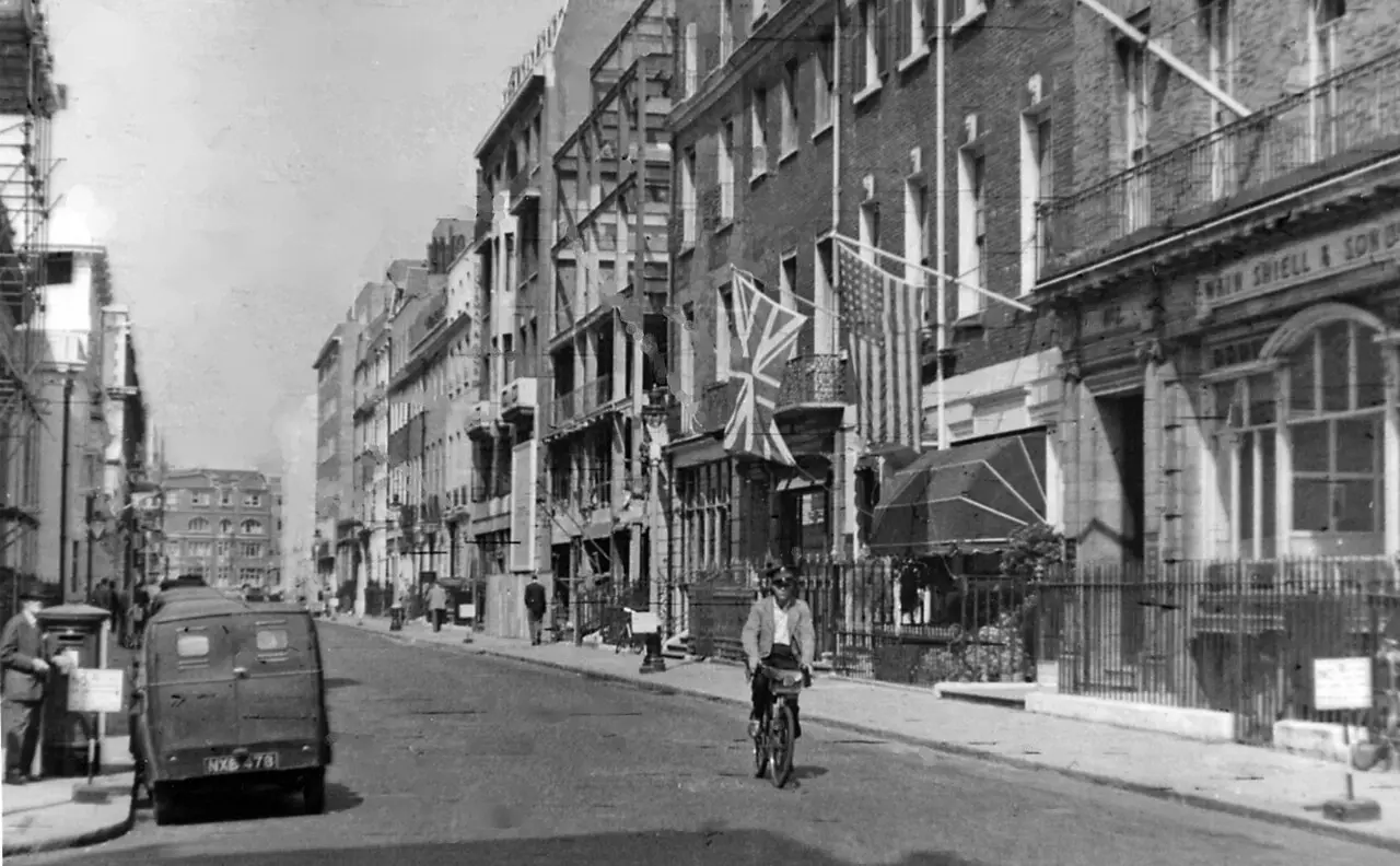 A street view of Savile Row in London, the street where the Beatles gave their 1969 rooftop concert