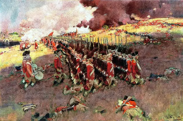 Howard Pyle's 1897 painting of British redcoats advancing at the Battle of Bunker Hill