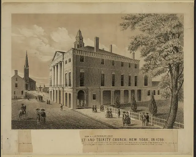 1789 engraving of Federal Hall on Wall Street with Trinity Church, New York