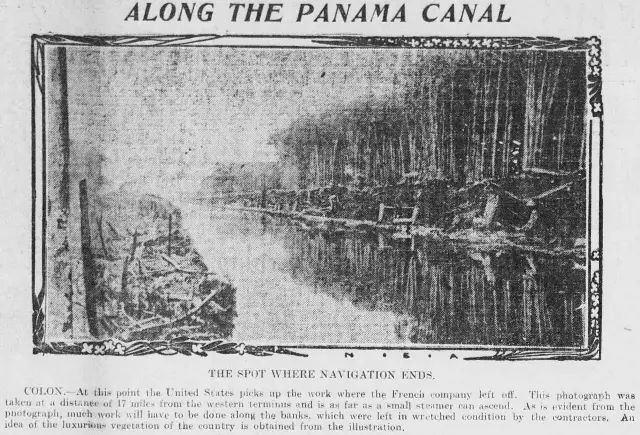 A 1904 newspaper halftone photograph captioned 'Along the Panama Canal,' showing canal excavation work as the United States took over construction.