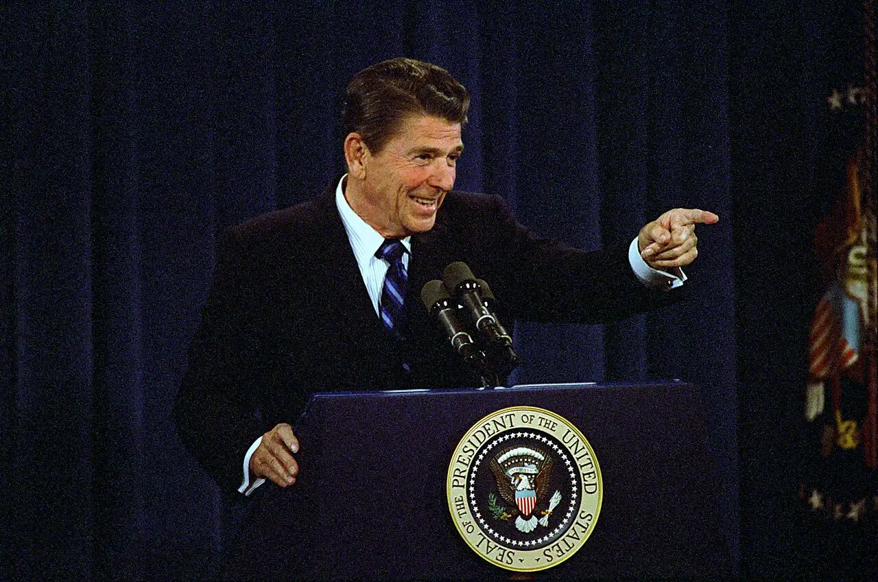 President Ronald Reagan at a White House press conference in 1981, the year he fired more than 11,000 striking air traffic controllers.
