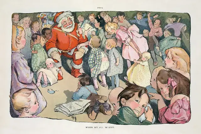 A 1903 Rose O'Neill magazine illustration, 'When We All Believe,' showing Santa Claus surrounded by a crowd of children