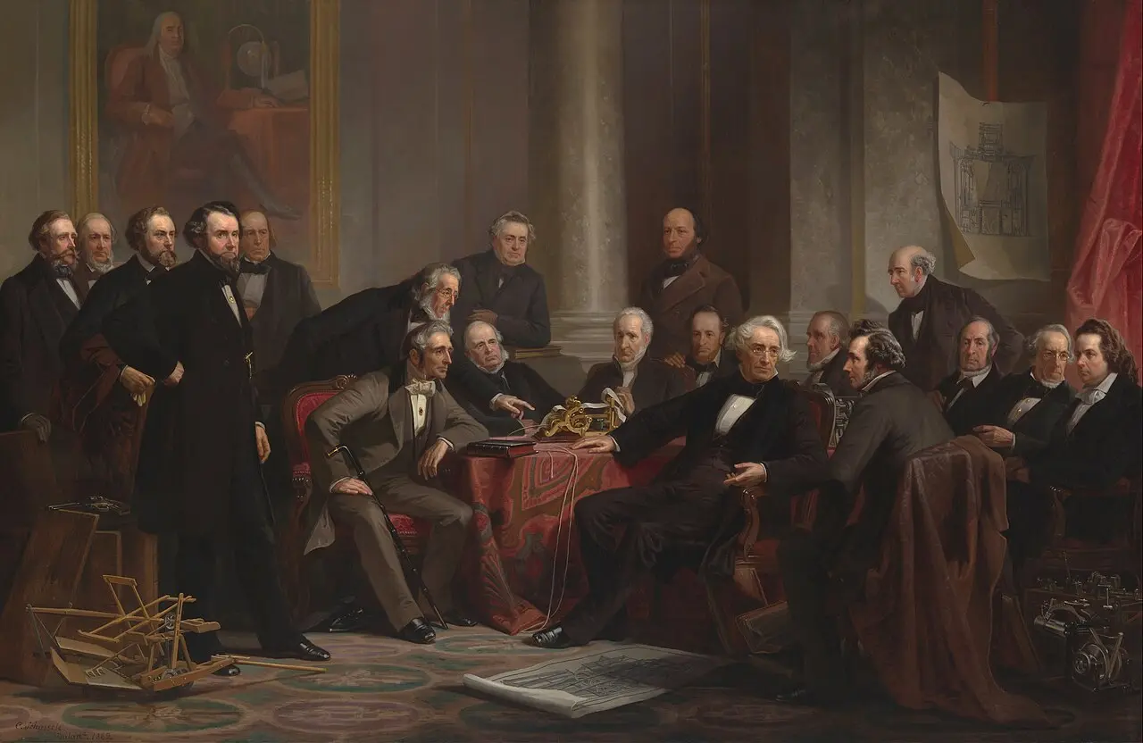 Christian Schussele's 1862 group portrait 'Men of Progress,' depicting 19 American inventors including Charles Goodyear.