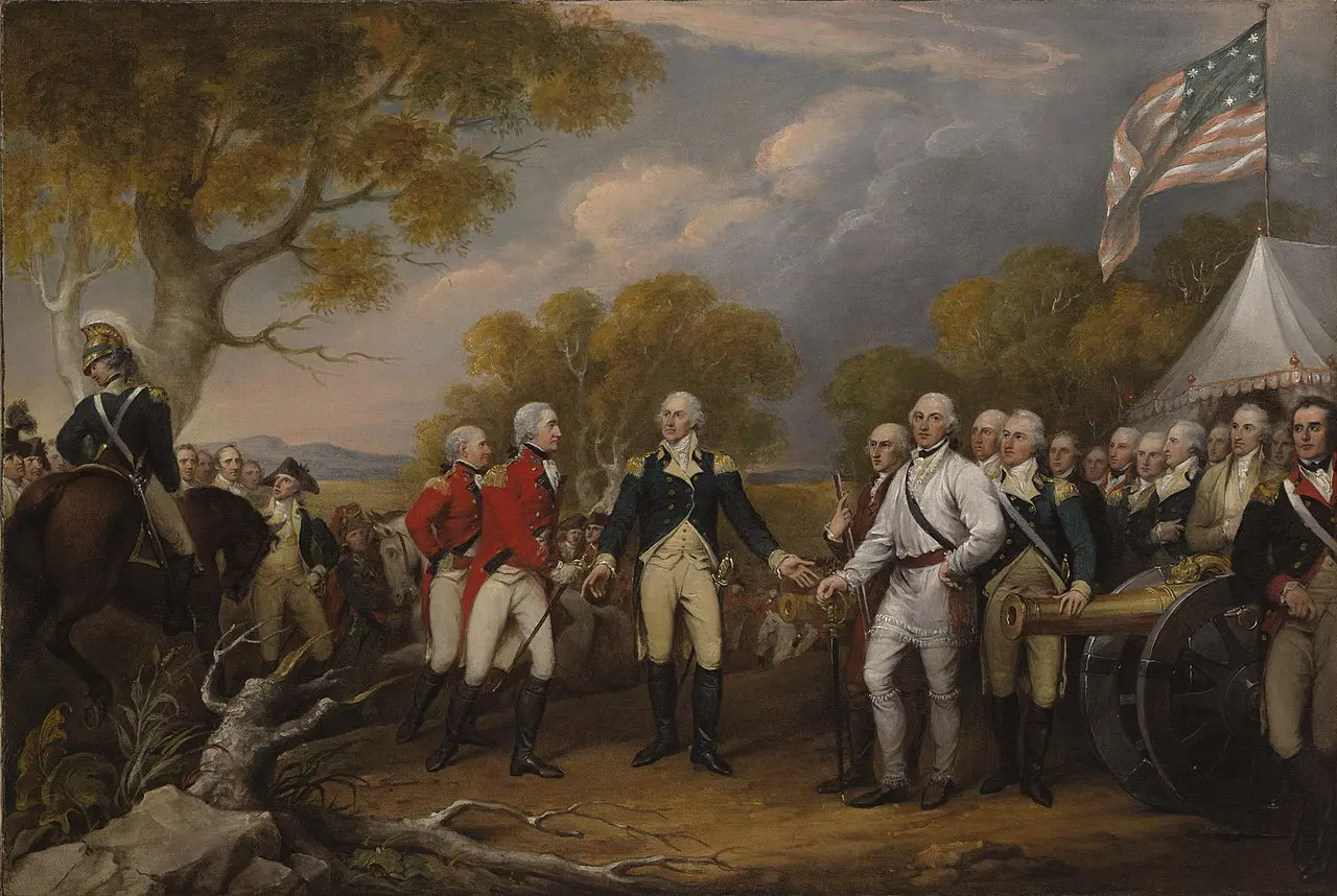 John Trumbull's 1820s painting of British General Burgoyne surrendering his sword to American General Horatio Gates at Saratoga, with officers of both armies looking on.