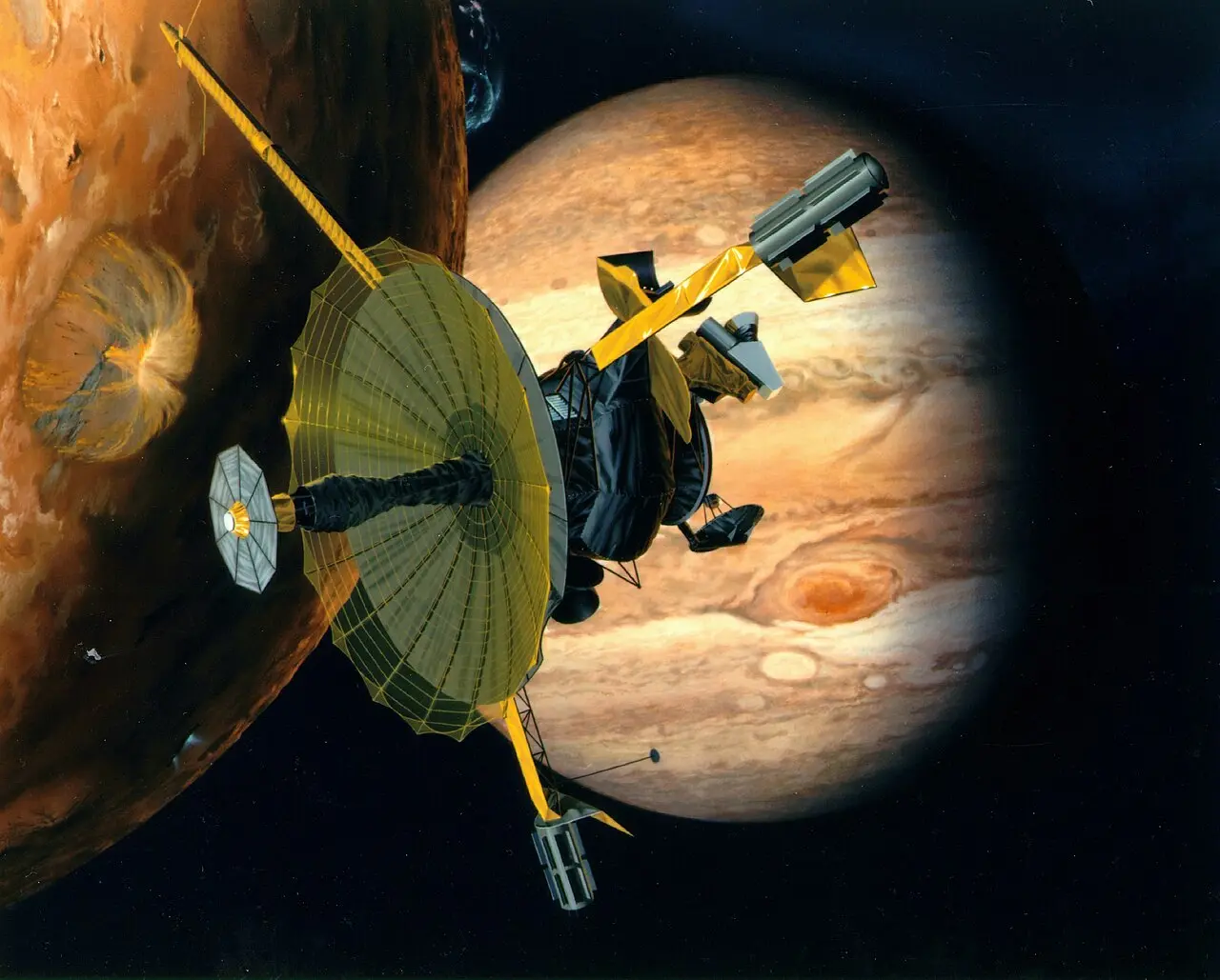 Artist's rendering of NASA's Galileo spacecraft flying past Jupiter's moon Io