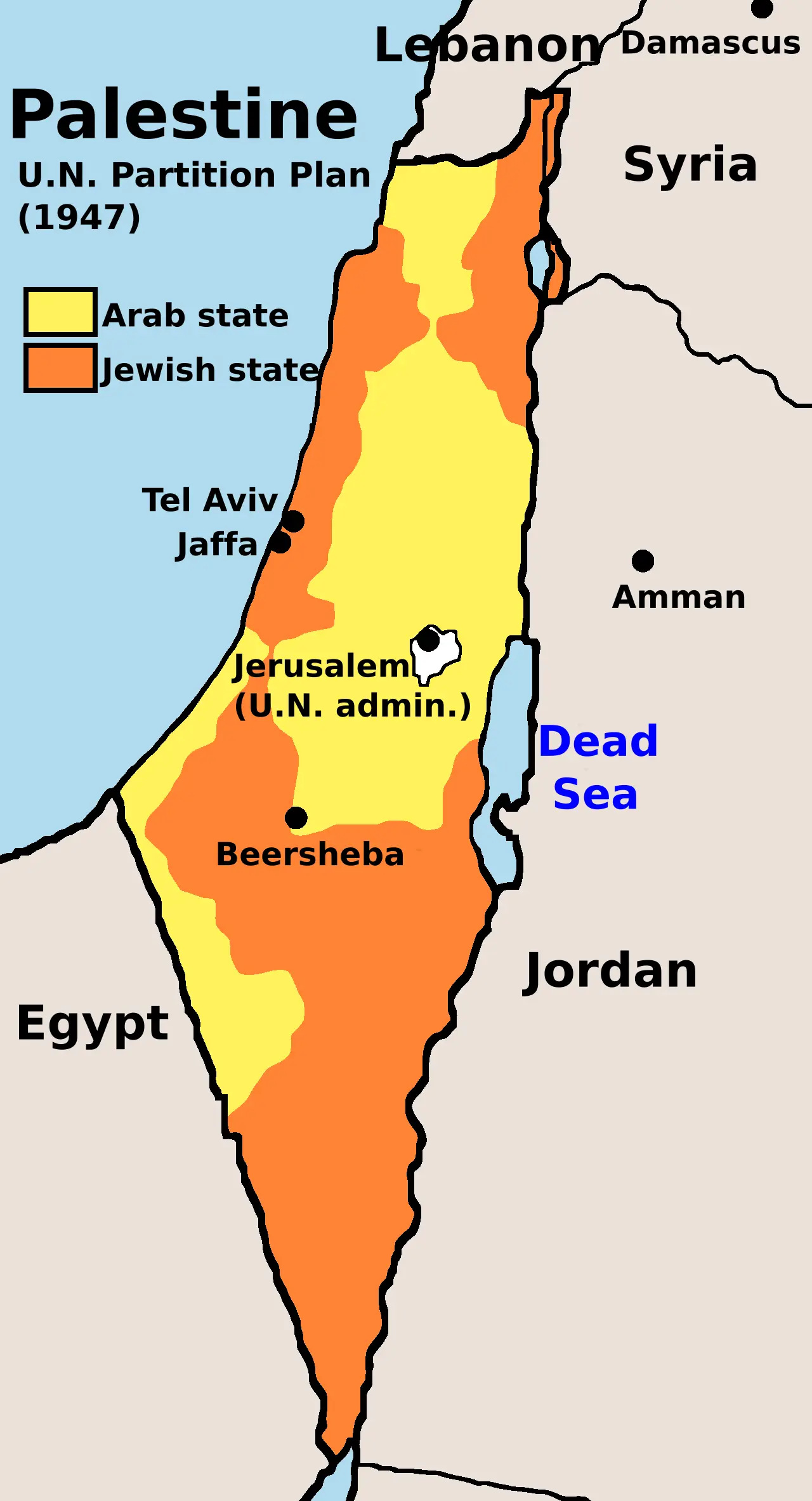 Map of the 1947 UN Partition Plan showing the proposed Jewish state, Arab state, and Jerusalem under international administration (illustrative).