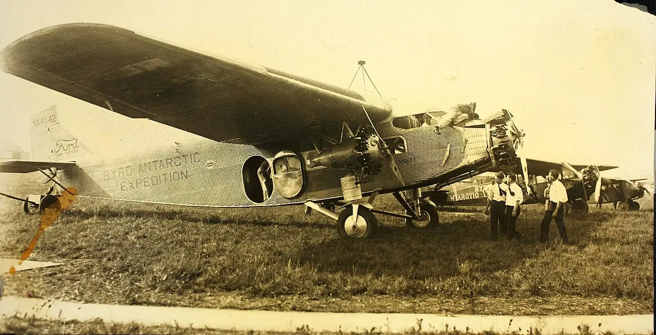 The Ford trimotor Floyd Bennett, lettered 'Byrd Antarctic Expedition,' the actual aircraft that carried Byrd's crew over the South Pole in 1929 (period photograph).