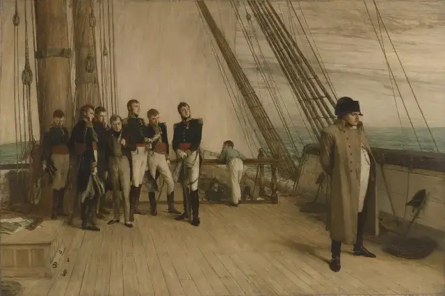 Napoleon stands alone at the rail of HMS Bellerophon in Sir William Quiller Orchardson's 1880 painting, while British officers watch from the deck.