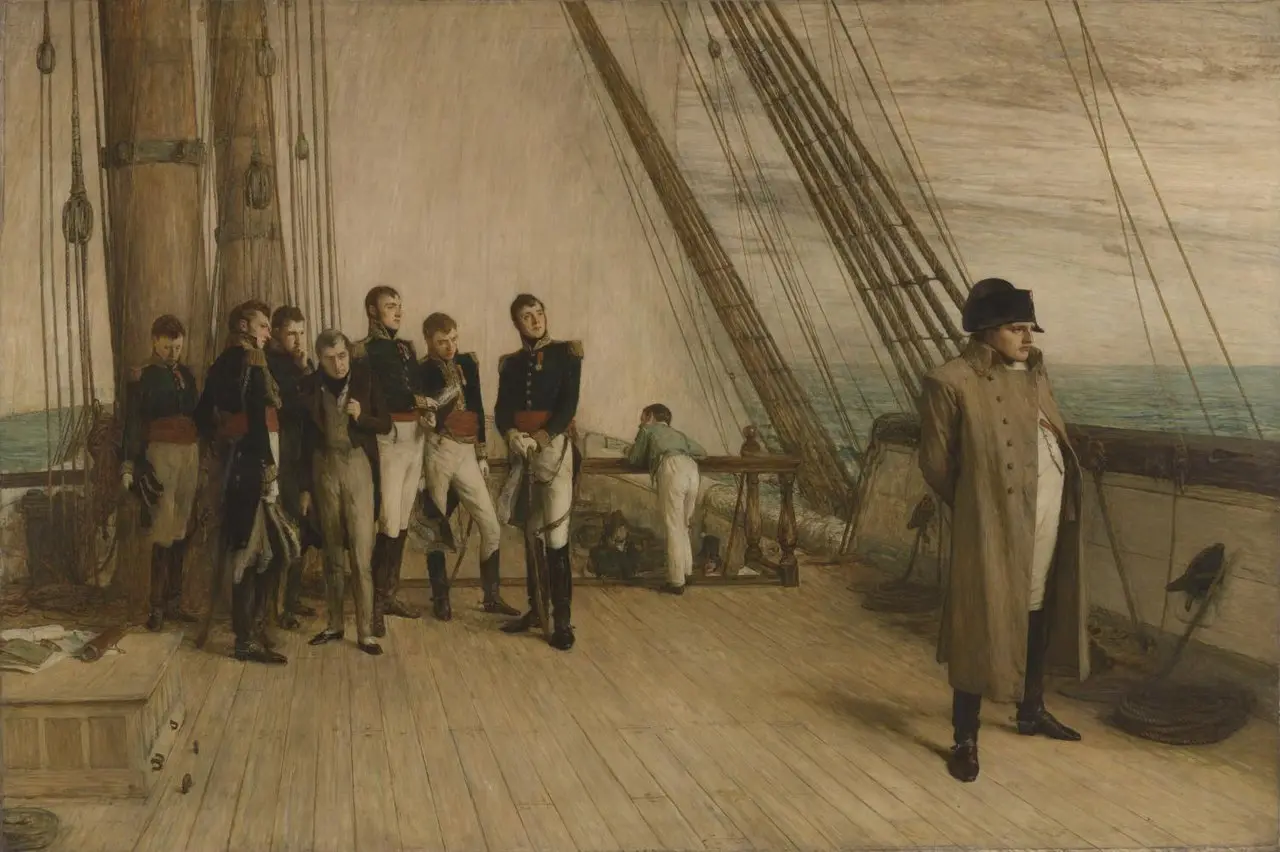 Napoleon stands alone at the rail of HMS Bellerophon in Sir William Quiller Orchardson's 1880 painting, while British officers watch from the deck.