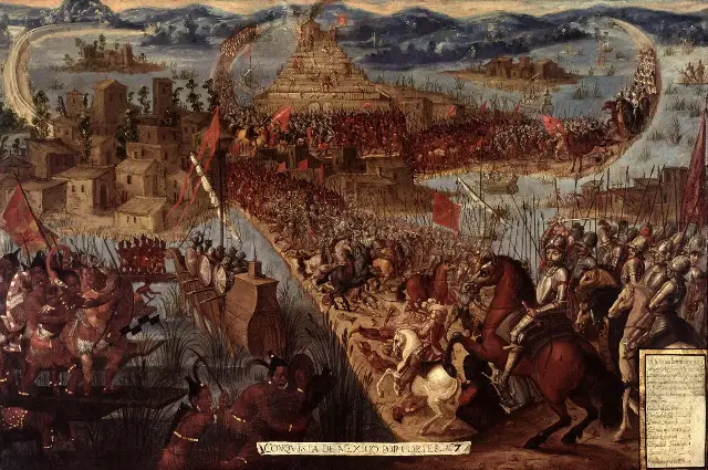 17th-century painting depicting the Spanish assault on Tenochtitlan in 1521.