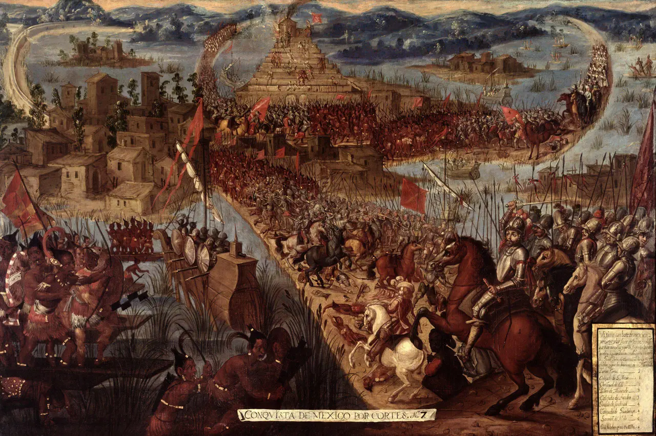 17th-century painting depicting the Spanish assault on Tenochtitlan in 1521.