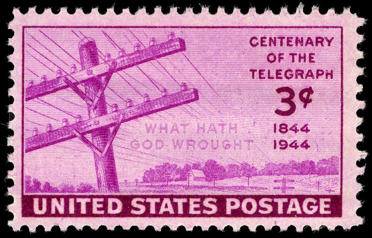 Illustrative: the 1944 U.S. 3-cent postage stamp issued for the centenary of Morse's first telegraph message, showing telegraph poles and the words 'What hath God wrought'.