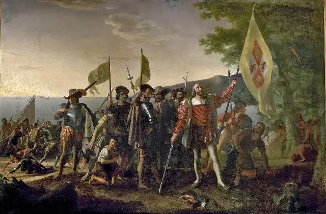 John Vanderlyn's 1847 painting 'Landing of Columbus,' which depicts Columbus's 1492 landing at San Salvador — not the 1498 sighting of Trinidad described in this story.